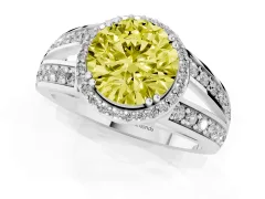 Fancy Yellow Round Cut Diamond Halo Ring Set in White gold with Double Pavé Split Shank