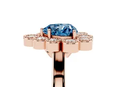 Fancy Blue Heart Cut Diamond Cluster Halo Ring Set in Rose gold with Milgrain Bezel Accents and Plain Band