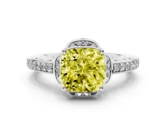 Fancy Yellow Cushion Cut Diamond Halo Ring Set in Platinum with Channel Set Band and Prong Setting