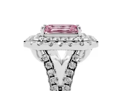 Fancy Pink Emerald Cut Diamond Double Halo Ring Set in White gold with Pavé Split Shank and Prong Setting