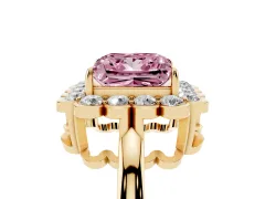 Fancy Pink Princess Cut Diamond Halo Cluster Engagement Ring Set in Yellow gold with Solitaire Band and Prong Setting