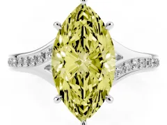 Fancy Yellow Marquise Cut Diamond Solitaire Ring Set in White gold with Pavé Accent Band and Classic Prong Setting