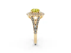 Fancy Yellow Round Cut Diamond Double Halo Ring Set in Yellow gold with Pavé Split Shank and Prong Setting