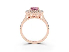 Fancy Pink Radiant Cut Diamond Double Halo Ring Set in Rose gold with Pavé Split Shank and Prong Setting