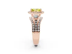 Fancy Yellow Oval Cut Diamond Halo Split Shank Ring Set in Rose gold with Round Accent Stones and Prong Setting