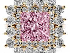 Fancy Pink Princess Cut Diamond Floral Double Halo Ring Set in Yellow gold with Round Petals