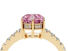 Fancy Pink Cushion Cut Diamond Solitaire Engagement Ring Set in Yellow gold with Pavé Band and Prong Setting