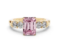 Fancy Pink Emerald Cut Diamond Five-Stone Prong Set Engagement Ring Set in Yellow gold with Channel Band