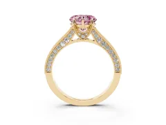 Fancy Pink Heart Cut Diamond Solitaire Ring Set in Yellow gold with Milgrain-Edged Pavé Band and Prong Setting