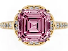 Fancy Pink Asscher Cut Diamond Halo Ring Set in Yellow gold with Channel Set Band and Prong Setting
