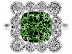 Fancy Green Cushion Cut Diamond Cluster Halo Ring Set in Silver with Milgrain Bezel Accents and Plain Band