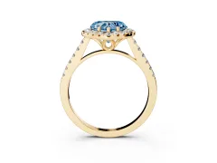 Fancy Blue Heart Cut Diamond Pavé Halo Engagement Ring Set in Yellow gold with Pavé Band and Prong Setting