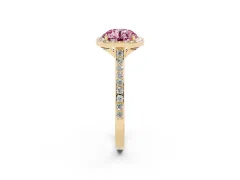 Fancy Pink Round Cut Diamond Halo Engagement Ring Set in Yellow gold with Round Pavé Shoulders and Heart Gallery
