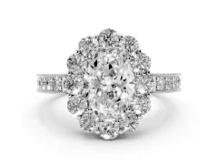 Oval Cut Diamond Halo Pavé Engagement Ring Set in Platinum with Milgrain Detailing