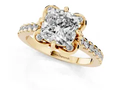 Cushion Cut Diamond Solitaire Ring Set in Yellow gold with Pavé Band and Floral Prong Setting