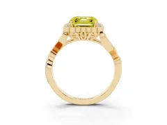 Fancy Yellow Asscher Cut Diamond Halo Ring Set in Yellow gold with Leaf Motif Split Shank and Prong Setting