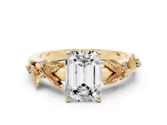 Emerald Cut Diamond Solitaire Ring Set in Yellow gold with Leaf Motif Band