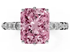 Fancy Pink Radiant Cut Diamond Solitaire Engagement Ring Set in White gold with Pavé Band and Prong Setting