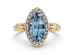 Fancy Blue Marquise Cut Diamond Halo Ring Set in Yellow gold with Filigree Leaf Band and Prong Setting