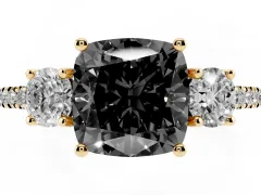 Fancy Black Cushion Cut Diamond Three-Stone Ring Set in Yellow gold with Pavé Band and Graduated Sides