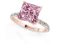 Fancy Pink Princess Cut Diamond Solitaire Engagement Ring Set in Rose gold with Round Pavé Band and Prong Setting