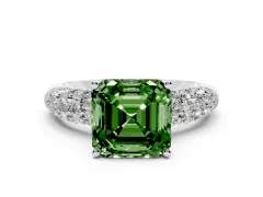 Fancy Green Asscher Cut Diamond Pavé Band Solitaire Ring Set in White gold with Close-Set Accent Stones and Prong Setting
