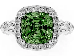 Fancy Green Cushion Cut Diamond Halo Ring Set in White gold with Filigree Leaf Band and Prong Setting