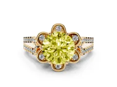 Fancy Yellow Round Cut Diamond Floral Halo Split Shank Engagement Ring Set in Yellow gold with Pavé Shank