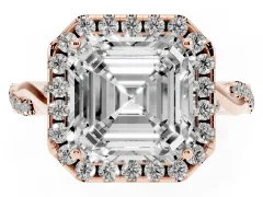 Asscher Cut Diamond Halo Twist Band Solitaire Ring Set in Rose gold with Prong Setting