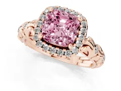 Fancy Pink Cushion Cut Diamond Halo Ring Set in Rose gold with Filigree Leaf Band and Prong Setting
