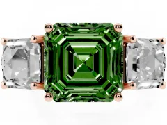 Fancy Green Asscher Cut Diamond Three-Stone Ring Set in Rose gold with Pavé Band