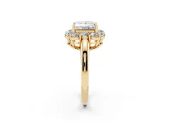 Princess Cut Diamond Milgrain Halo Solitaire Ring Set in Yellow gold with Bezel Set Side Stones and Pavé Band