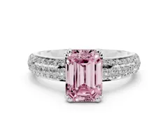 Fancy Pink Emerald Cut Diamond Solitaire Ring Set in Silver with Multi-Row Round Pavé Band and Prong Setting