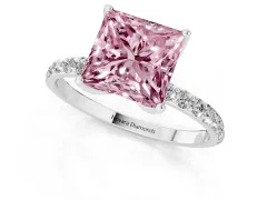 Fancy Pink Princess Cut Diamond Solitaire Engagement Ring Set in Platinum with Round Pavé Band and Prong Setting