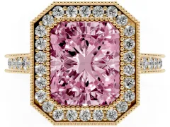 Fancy Pink Radiant Cut Diamond Halo Milgrain Pavé Band Ring Set in Yellow gold with Prong Setting