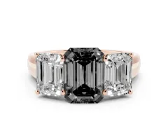Fancy Black Emerald Cut Diamond Three-Stone Ring Set in Rose gold with Plain Polished Band