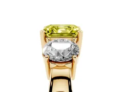 Fancy Yellow Asscher Cut Diamond Three-Stone Ring Set in Yellow gold with Round Side Stones and Classic Band