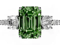 Fancy Green Emerald Cut Diamond Three-Stone Ring Set in White gold with Pavé Band and Graduated Sides