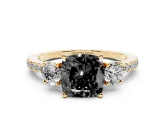 Fancy Black Cushion Cut Diamond Three-Stone Ring Set in Yellow gold with Pavé Band and Graduated Sides