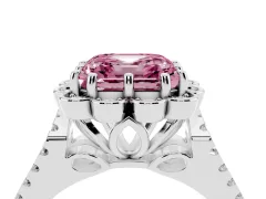 Fancy Pink Asscher Cut Diamond Floral Halo Split Shank Engagement Ring Set in White gold with Pavé Shank