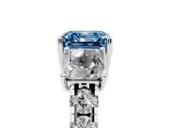 Fancy Blue Asscher Cut Diamond Three-Stone Ring Set in Platinum with Pavé Band