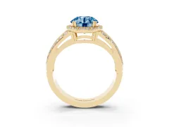 Fancy Blue Round Cut Diamond Halo Ring Set in Yellow gold with Double Pavé Split Shank
