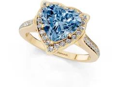 Fancy Blue Heart Cut Diamond Halo Ring Set in Yellow gold with Pavé-Lined Shoulders and Prong Setting