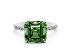 Fancy Green Asscher Cut Diamond Solitaire Engagement Ring Set in Platinum with Round Pavé Band and Prong Setting