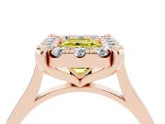 Fancy Yellow Emerald Cut Diamond Cluster Halo Solitaire Ring Set in Rose gold with Prong Setting