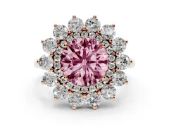 Fancy Pink Round Cut Diamond Floral Double Halo Ring Set in Rose gold with Round Petals