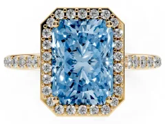 Fancy Blue Radiant Cut Diamond Halo Engagement Ring Set in Yellow gold with Round Pavé Shoulders and Heart Gallery