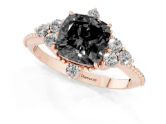 Fancy Black Cushion Cut Diamond Cluster Ring Set in Rose gold with Beaded Band