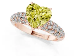 Fancy Yellow Heart Cut Diamond Pavé Band Solitaire Ring Set in Rose gold with Close-Set Accent Stones and Prong Setting