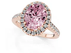 Fancy Pink Oval Cut Diamond Pavé Halo Engagement Ring Set in Rose gold with Pavé Band and Prong Setting